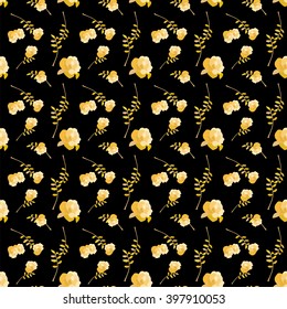 Gold pattern of roses on a black background. Seamless pattern. Vintage pattern paper, greeting cards, invitations, textures and fabrics