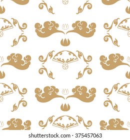 Gold pattern with swirls and stylized design of the Chinese fans.