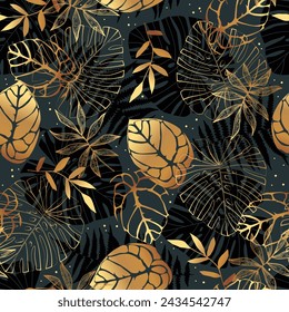 Gold pattern with tropical leaves and abstract strokes. Ideal for wallpaper, surface textures, textiles.