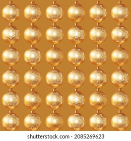 Gold patterned Christmas tree balls seamless models. New year balls. Happy new year background. Bright festive wrapping.Vector texture. 