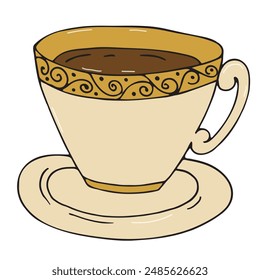 gold patterned cup with saucer with drink, coffee or cocoa, vector colored doodle element, cute design element