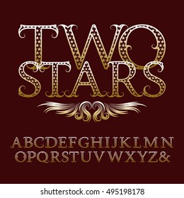 Gold patterned letters with tendrils. Vintage font in rock n roll style. Isolated english alphabet with text Two Stars.