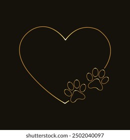 Estampado de patas doradas con corazón. Amor de mascotas. Amor de perro. Línea de arte. Brillante línea de oro. Aislado sobre fondo negro. Perro - amigo del humano. Caridad animal. Rescate y adopción de mascotas. Cuidado animal. Afecto de mascota. 
