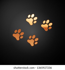 Gold Paw print icon isolated on black background. Dog or cat paw print. Animal track. Vector Illustration