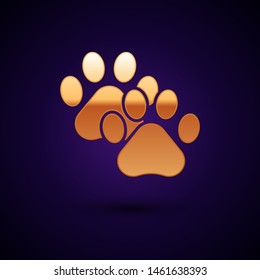 Gold Paw print icon isolated on dark blue background. Dog or cat paw print. Animal track.  Vector Illustration