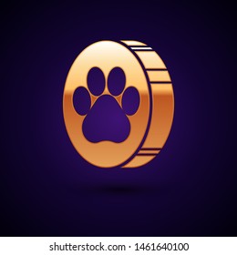 Gold Paw print icon isolated on dark blue background. Dog or cat paw print. Animal track.  Vector Illustration