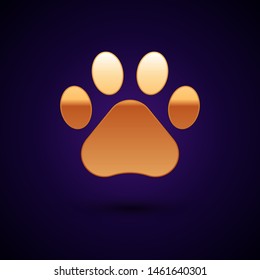 Gold Paw print icon isolated on dark blue background. Dog or cat paw print. Animal track.  Vector Illustration