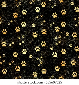 Gold Paw print seamless pattern. Seamless pattern of animal gold footprints. Dog paw print seamless pattern on gold background