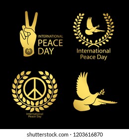 Gold peace day logos and emblems vector design on black background