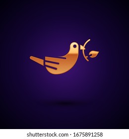 Gold Peace dove with olive branch icon isolated on black background. Happy Easter.  Vector Illustration