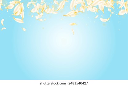 Gold Peach Fly Vector Blue Background. Delicate Spring Flower Cover. Light Blossom Japanese Pattern. Beige Floral Falling Banner. Tender Cherry Backdrop.