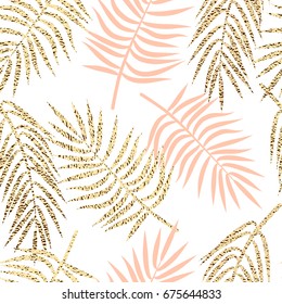 Gold and peach summer tropical palm leaves seamless pattern. 