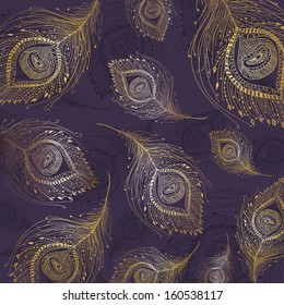 Gold peacock feather in violet background vector