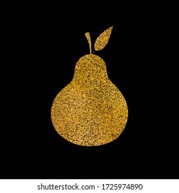 Gold pear with glitter effect. Cute isolated fruit on black  background. Food concept. Glowing gold banner. Autumn illustration. Template design for invitation, poster, card.