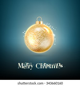 Gold pearl. Gold sphere on blue background. Holiday christmas toy for fir tree. Vector illustration, contains transparencies, gradients and effects.