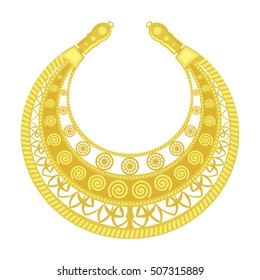 Gold pectoral on a white background. Old woman's jewelry. Golden detail of the female costume of the Scythians. Vintage object
