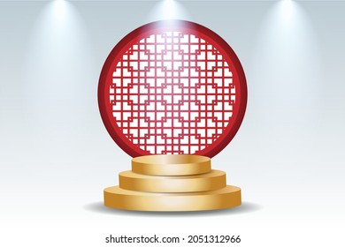 Gold pedestal cylinder podium with Chinese lattice window. Backdrop for products display presentation in Chinese new year festival. 3D vector. 
