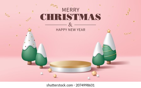 Gold pedestal or podium with Christmas trees and pearls on pink background.  Christmas concept. Vector illustration for product demonstration, banner, poster, flyer, advertisement.