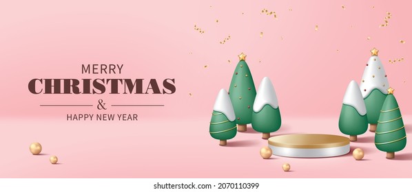 Gold pedestal or podium with pine trees, snow and pearls on pink background.  Christmas concept. Vector illustration for product demonstration, banner, poster, flyer, advertisement.