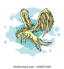 gold pegasus flying in the sky illustration