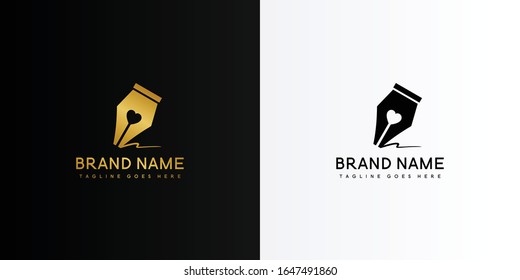 Gold pen heart love logo. Modern logo icon template vector design