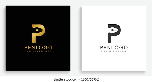 Gold pen letter P logo. Modern logo icon template vector design
