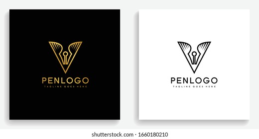 Gold pen letter V logo. Modern logo icon template vector design