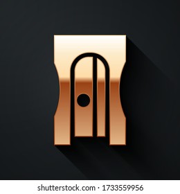 Gold Pencil sharpener icon isolated on black background. Long shadow style. Vector Illustration