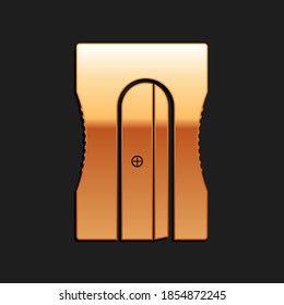 Gold Pencil sharpener icon isolated on black background. Long shadow style. Vector.