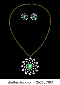 Gold pendant with diamond and emerald earrings