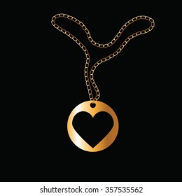 Gold pendant on a gold chain as a circle with a heart.  Gift with heart for Valentine's Day.