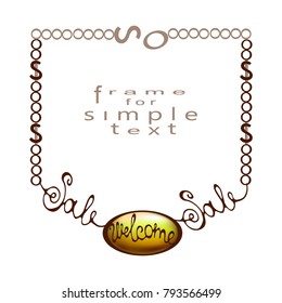 Gold pendant on a chain in the form of a frame with lettering Sale Welkom on a white background. Vector illustration for design and advertising jewelry salon or bijoux store. 