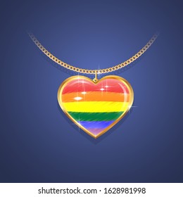 Gold pendants on a gold chain with the colors of the flag of pride, LGBT symbol. Vector illustration on a dark background.