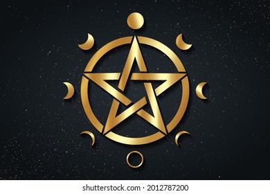 Gold Pentacle circle symbol and Phases of the moon. Wiccan symbol, full moon, waning, waxing, first quarter, gibbous, crescent, third quarter. Vector logo isolated on black golden starry background