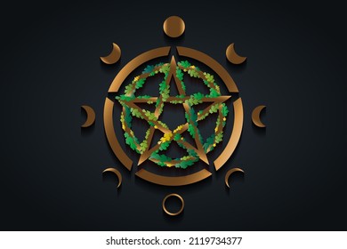 Gold Pentacle circle symbol and Phases of the moon. Golden Wiccan symbol, full moon, waning, waxing, first quarter, gibbous, crescent, third quarter. Vector logo isolated on black background