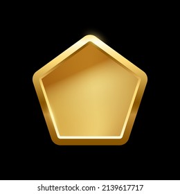 Botón del pentágono dorado con ilustración del vector del marco. 3 d diseño elegante brillante dorado para emblema vacío, medalla o insignia, efecto luminoso brillante y degradado en placa aislada en fondo negro