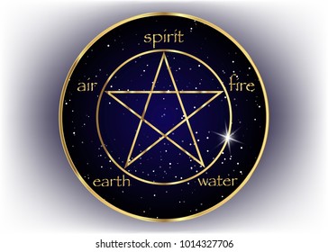 Gold Pentagram icon with five elements : Spirit , Air , Earth , Fire and Water. Golden Symbol of alchemy and sacred geometry. Emblem in galaxy background. Vector isolated 