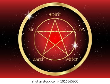 Gold Pentagram icon with five elements : Spirit , Air , Earth , Fire and Water. Golden Symbol of alchemy and sacred geometry. Vector Emblem in red galaxy background