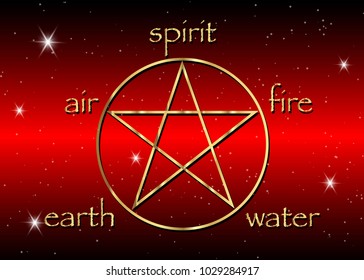 Gold Pentagram icon with five elements : Spirit , Air , Earth , Fire and Water. Golden Symbol of alchemy and sacred geometry. Golden Vector Emblem in red galaxy background with stars
