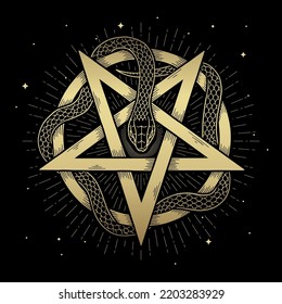 Gold pentagram symbol wrapped by snake