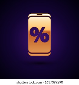 Gold Percent symbol discount and mobile phone icon isolated on dark blue background. Sale percentage - price label, tag.  Vector Illustration