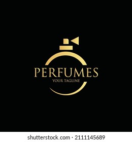 Gold perfume logo with bottle design Template premium vector