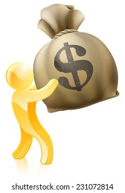 A gold person mascot holding a giant money sack with a dollar sign on it