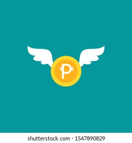 Gold peso coin with white wings. Flat icon. Isolated on blue background. Flying money. Economy, finance, money pictogram. Wealth symbol.  Vector illustration. Free, easy.  Spend, expenses  