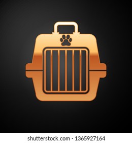 Gold Pet carry case icon isolated on black background. Carrier for animals, dog and cat. Container for animals. Animal transport box. Vector Illustration