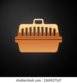 Gold Pet carry case icon isolated on black background. Carrier for animals, dog and cat. Container for animals. Animal transport box. Vector Illustration