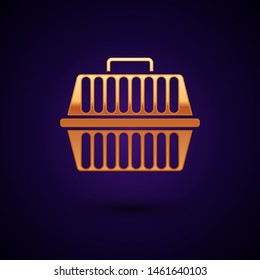 Gold Pet carry case icon isolated on dark blue background. Carrier for animals, dog and cat. Container for animals. Animal transport box.  Vector Illustration