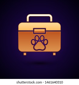 Gold Pet first aid kit icon isolated on dark blue background. Dog or cat paw print. Clinic box.  Vector Illustration
