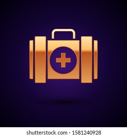 Gold Pet first aid kit icon isolated on dark blue background. Dog or cat paw print. Clinic box.  Vector Illustration