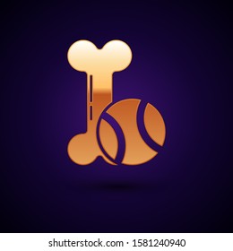 Gold Pet toys bone rubber and ball icon isolated on dark blue background.  Vector Illustration